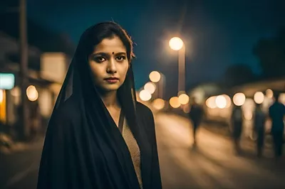 زنی با شال مشکی در حال ایستادن در خیابانی در شب - خلق شده با هوش مصنوعی