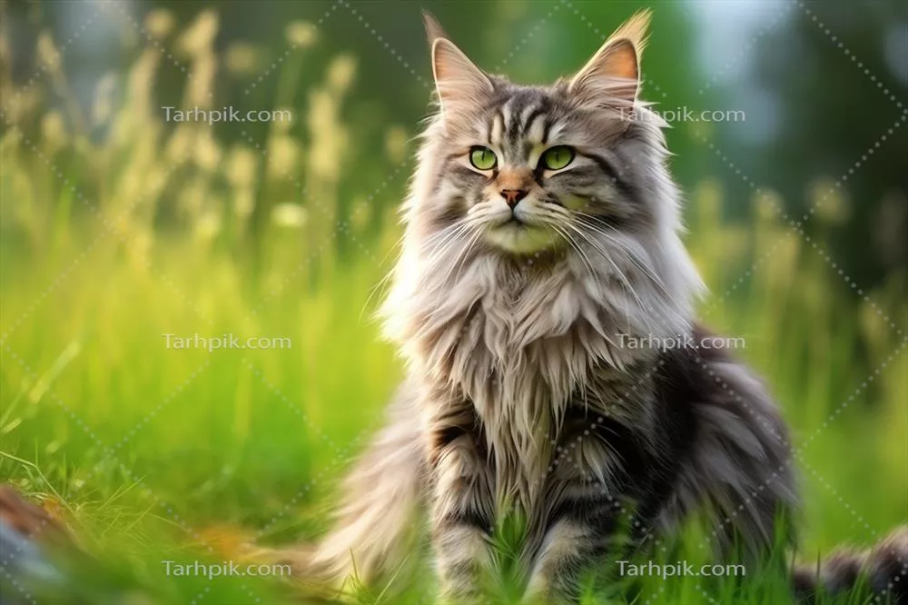گربه‌ی ناز و دوست‌داشتنی در حال نگاه کردن به سمت کناری در باغ و چمن