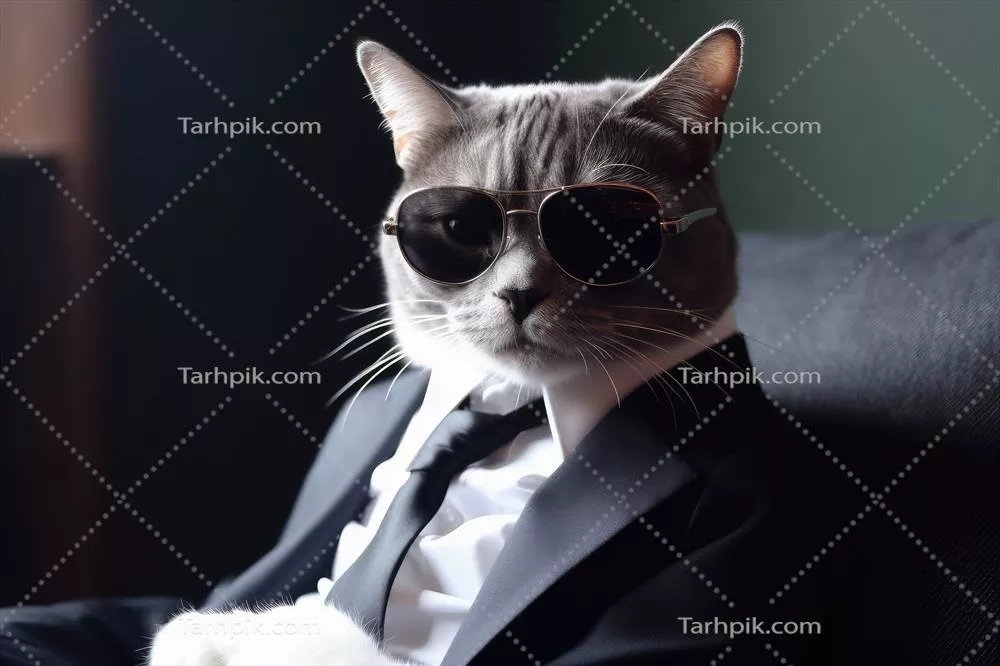 شخصیتی مدرن از یک گربه در حال پوشیدن کت و شلوار و عینک آفتابی با استفاده از فناوری هوش مصنوعی تولید شده است