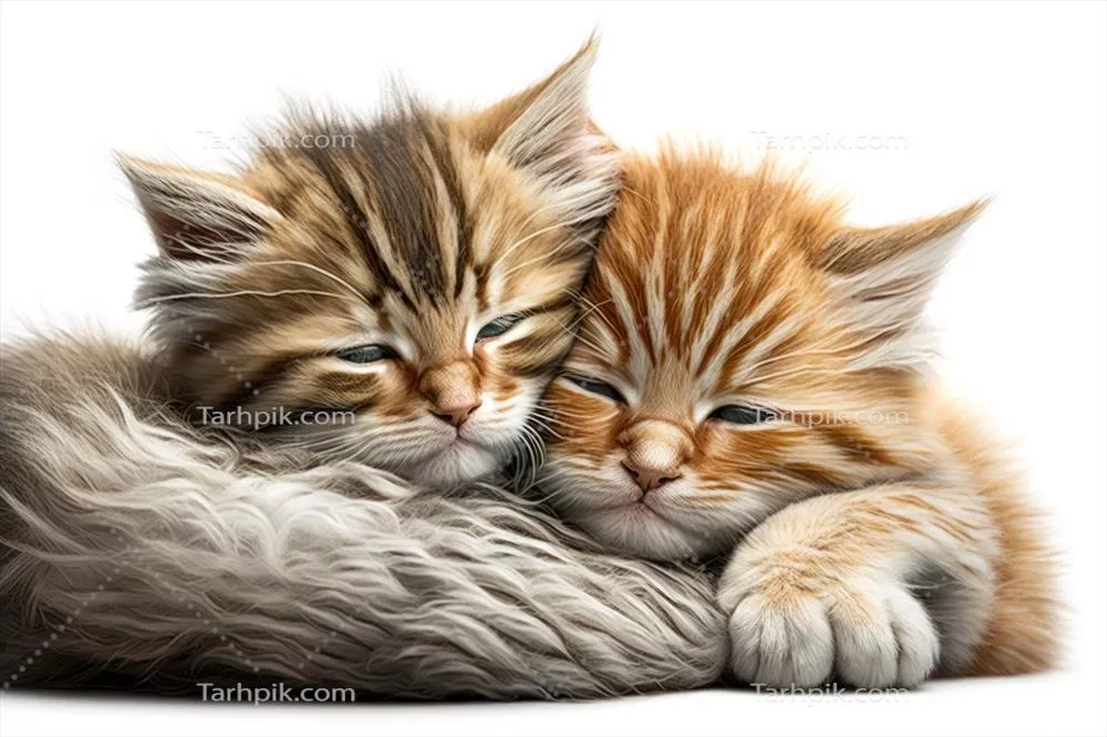 دو بچه گربه شیرین که در کنار هم بر روی زمینه سفید cuddle می کنند