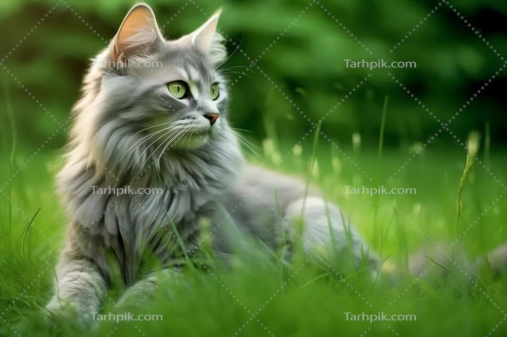 گربه‌ای دوست‌داشتنی که در باغ نشسته و به طرف کناره نگاه می‌کند