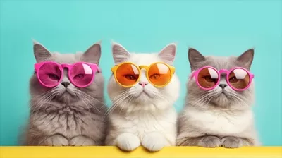 تصویر سه گربه با عینک آفتابی در یک طراحی جذاب و هوش مصنوعی