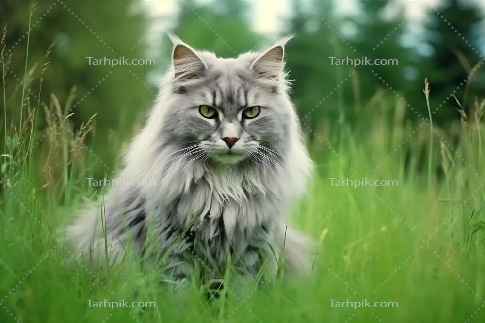 گربه ای دوست داشتنی که به یک سمت نگاه می کند و در باغ یا چمن نشسته است