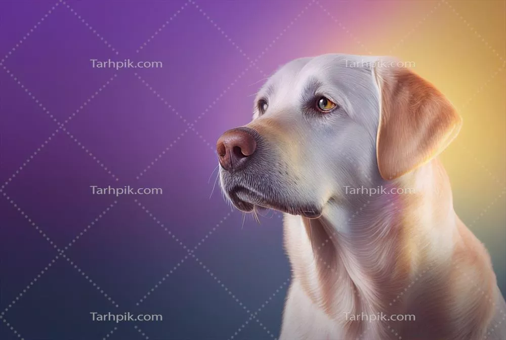 تصویر یک لبرادور رتریور زرد که با هوش مصنوعی در پس زمینه بنفش ایجاد شده است