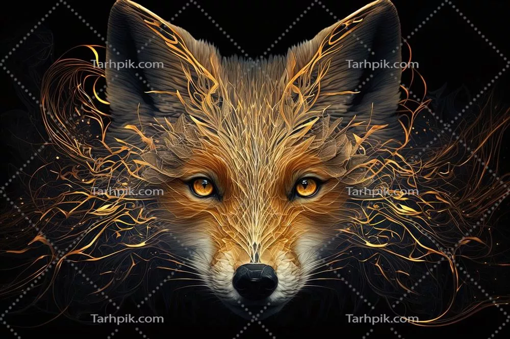 تصویر بنفش فانتزی از چهره روباه با نقطه طلایی و کهکشانهای ستارهای