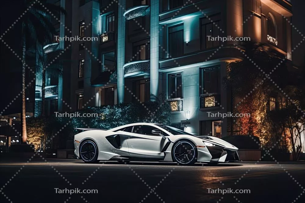 پارکینگ خودروهای اسپرت مدرن در نزدیکی هتل لوکس در شب
