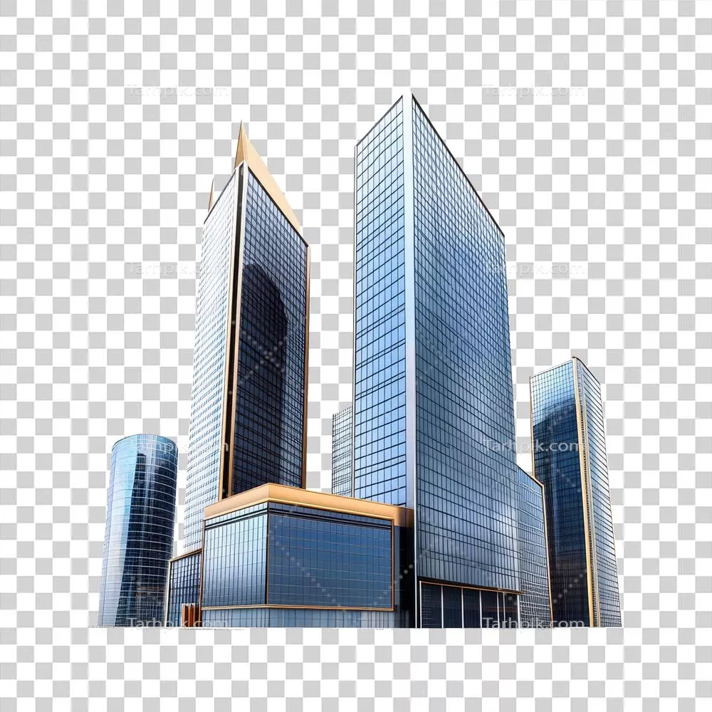 ساختمانهای اداری مدرن با نمای شیشهای و معماری خاص بر روی پسزمینه شفاف
