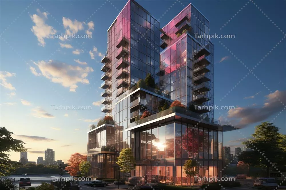 آسمان‌خراش‌های شیشه‌ای با انعکاس رنگ‌های غروب در منطقه تجاری