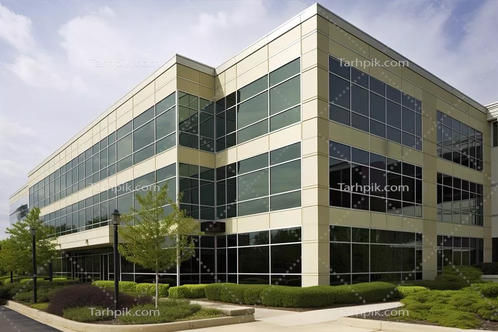 ساختمان اداری مدرن با آسمان آبی در پس‌زمینه - نمای بیرونی دفتر شرکتی در آمریکا