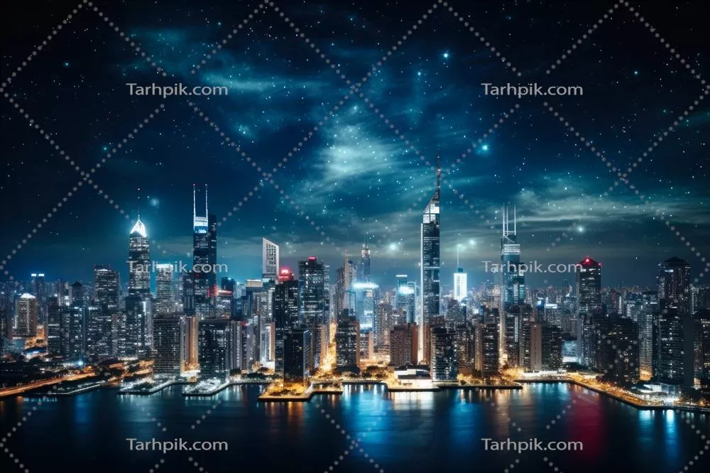 شهر مدرن درخشان شبانه با ساختمانهای بلند و طراحی هوش مصنوعی