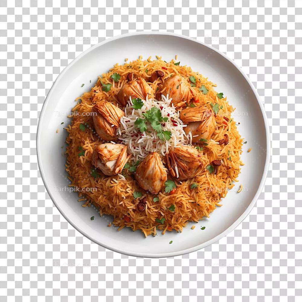 نمایی از بالا از بریانی مرغ با دیس سفیدی کاملاً تمیز و زیبا
