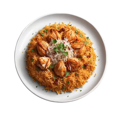 نمایی از بالا از بریانی مرغ با دیس سفیدی کاملاً تمیز و زیبا