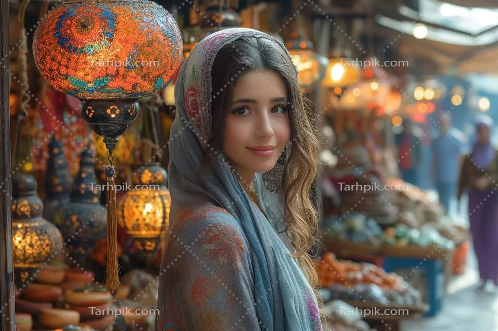 پرتره ای از دختری با روسری در پس زمینه بازارهای شرقی و مغازه فانوسها