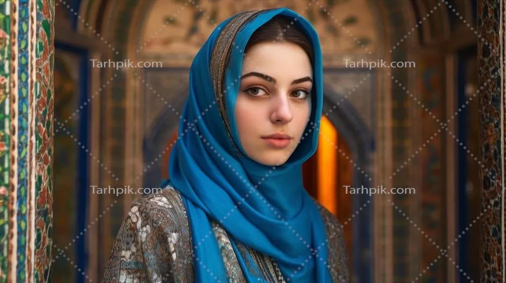 زن در حجاب آبی ایستاده در جلوی دیواری با طراحی های زیبا و پیچیده