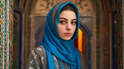زن در حجاب آبی ایستاده در جلوی دیواری با طراحی های زیبا و پیچیده