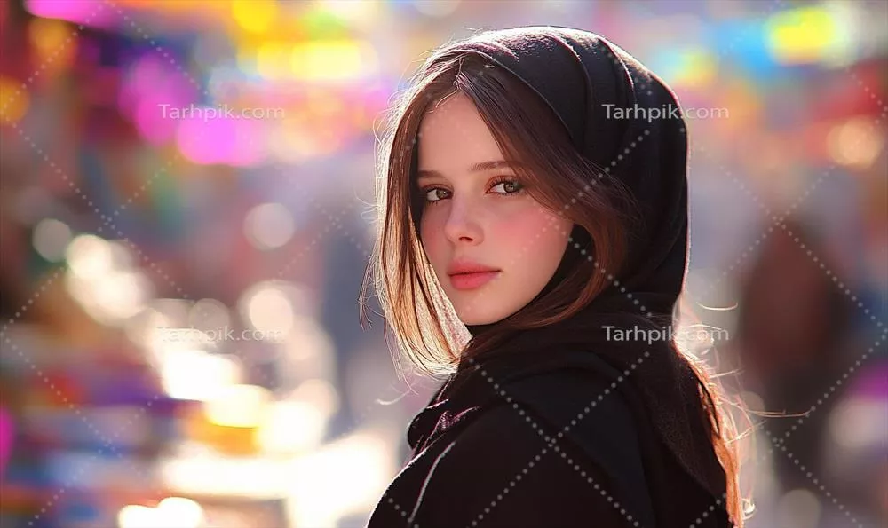 تصویر زیبای زن با شال رنگارنگ در بازار مد با پسزمینه بوکه