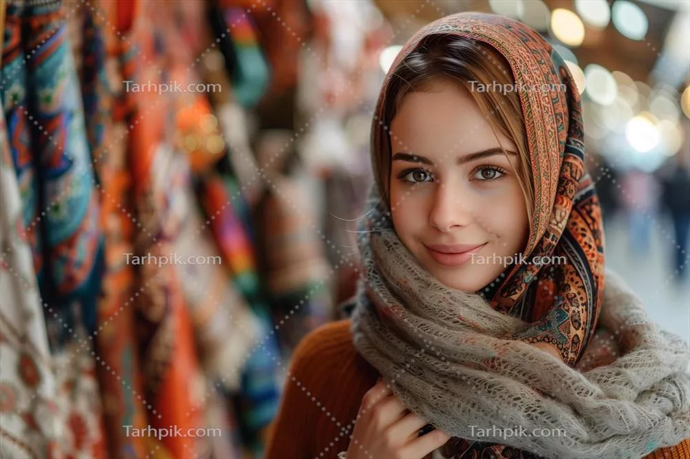 زنی که در بازار روسری به سر دارد و در حال خرید است