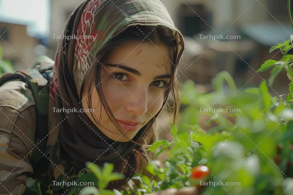 زنی در یونیفورم نظامی که به یک گوجه فرنگی نگاه میکند