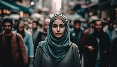 به تصویر کشیدن یک زن جوان با حجاب که به دوربین با اعتماد به نفس نگاه میکند