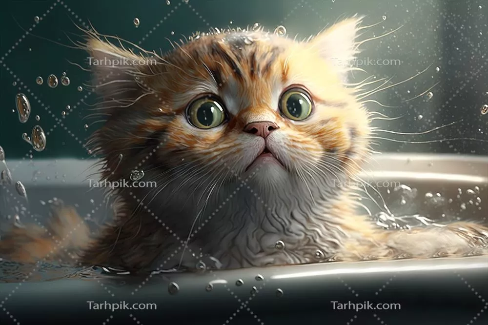 پرتره ای شیرین از یک بچه گربه بامزه در حال حمام کردن با حالت خنده دار در حمام