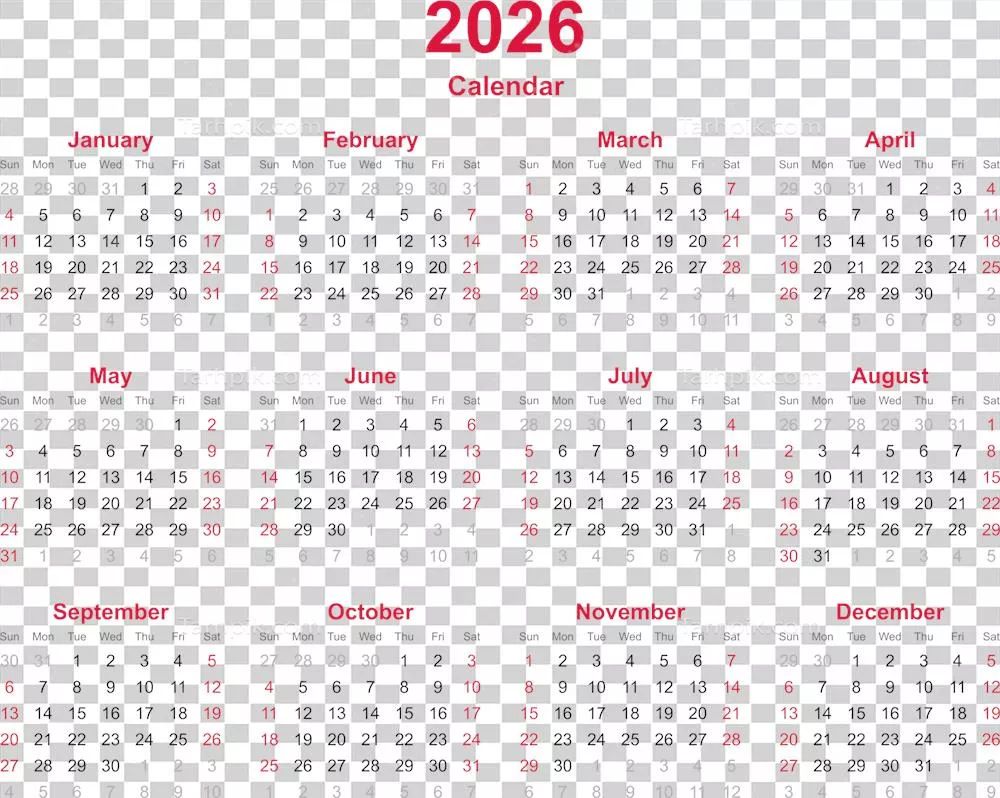 تقویم سال 2026 به صورت شفاف و بدون پس‌زمینه با طراحی مدرن