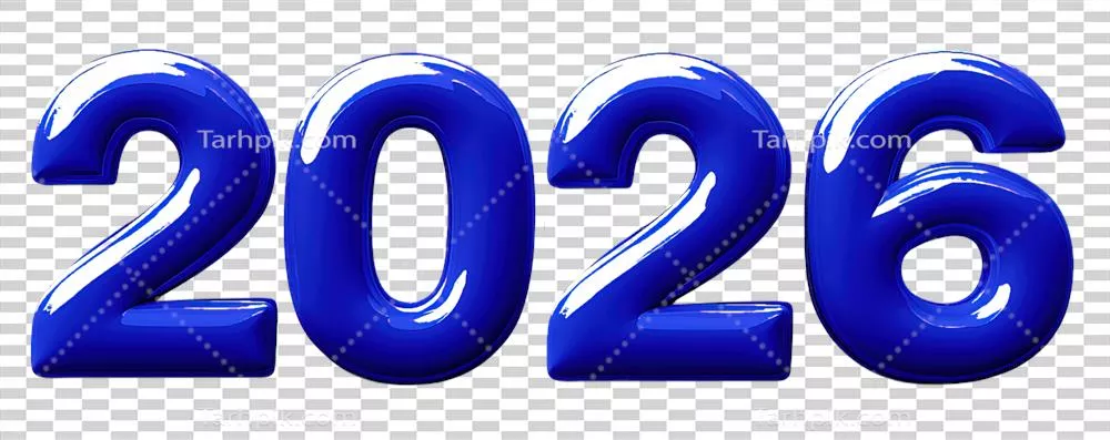 عدد 2026 به رنگ آبی درخشان بر روی پسزمینه شفاف