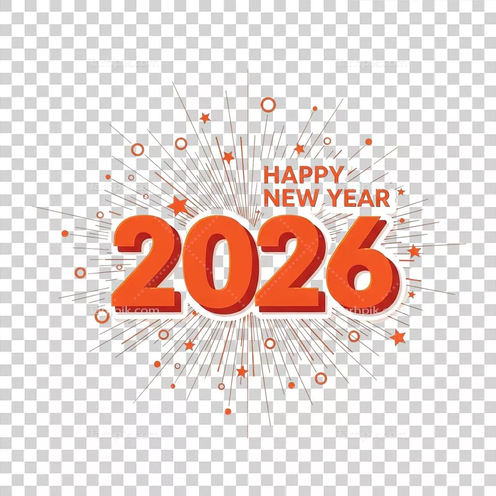متن خوش آمدگویی سال نو 2026 به رنگ نارنجی زنده همراه با آتش‌بازی‌های درخشان