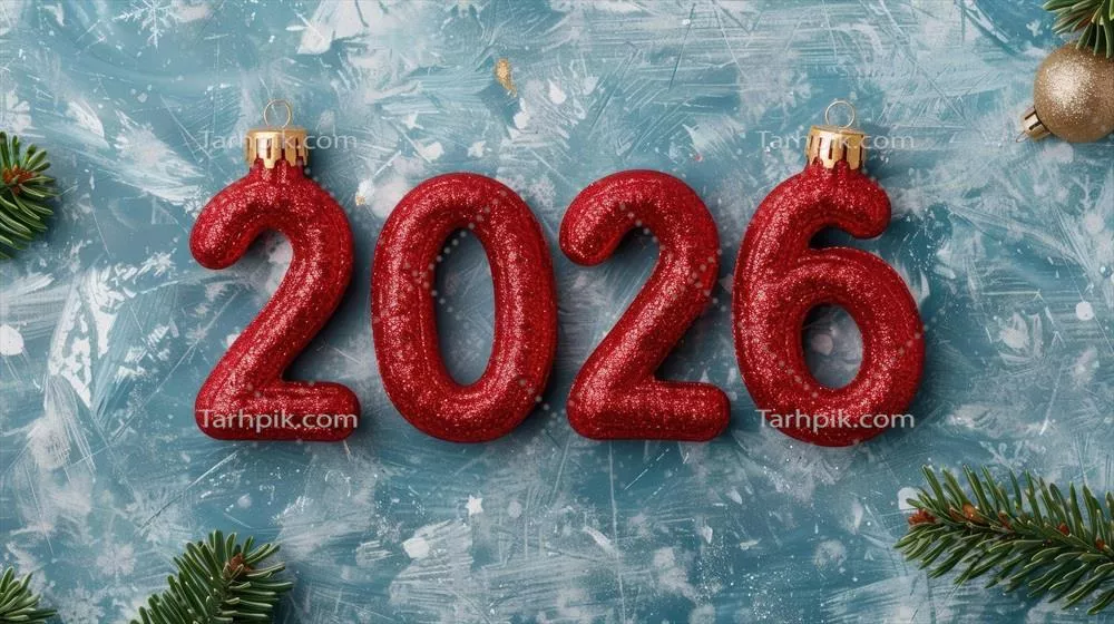 زینتهای قرمز درخشان سال نو 2026 بر روی پسزمینه یخی