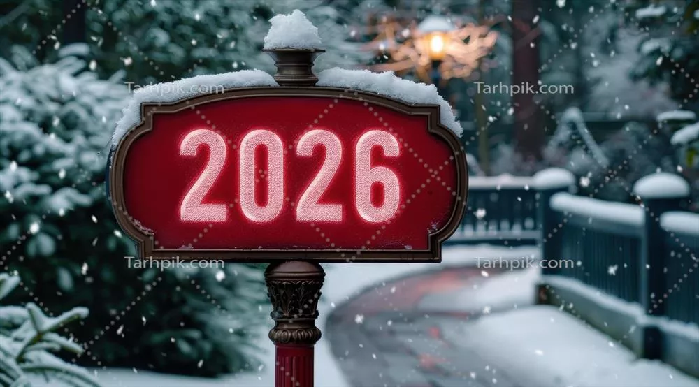 منظره زمستانی برفی با تابلو روشن سال 2026 در یک شب زیبا