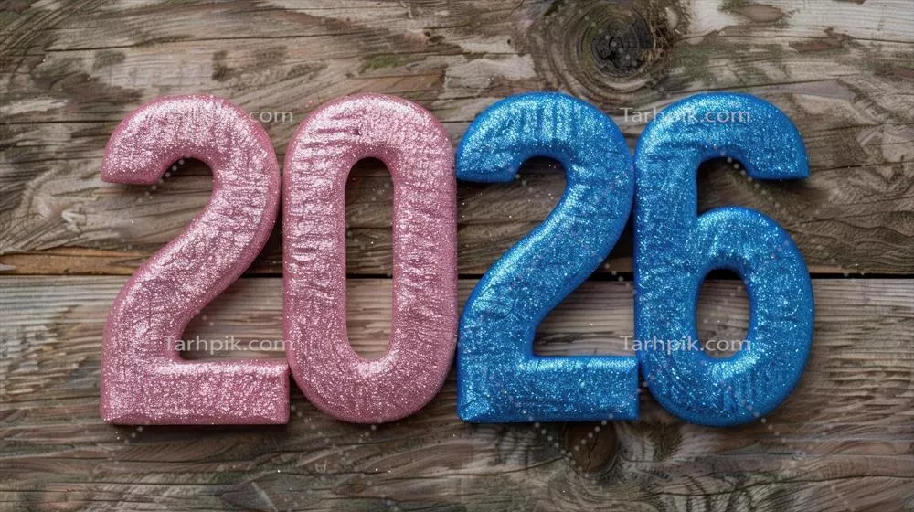 عددی درخشان برای سال نو 2026 بر روی پس‌زمینه چوبی