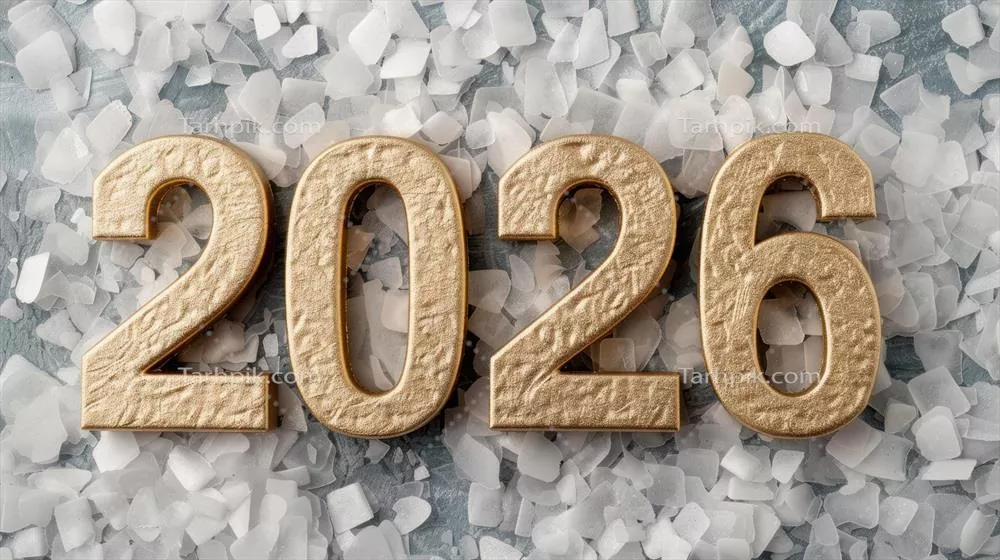 اعداد طلایی سال نو 2026 بر روی بلورهای یخی زیبا