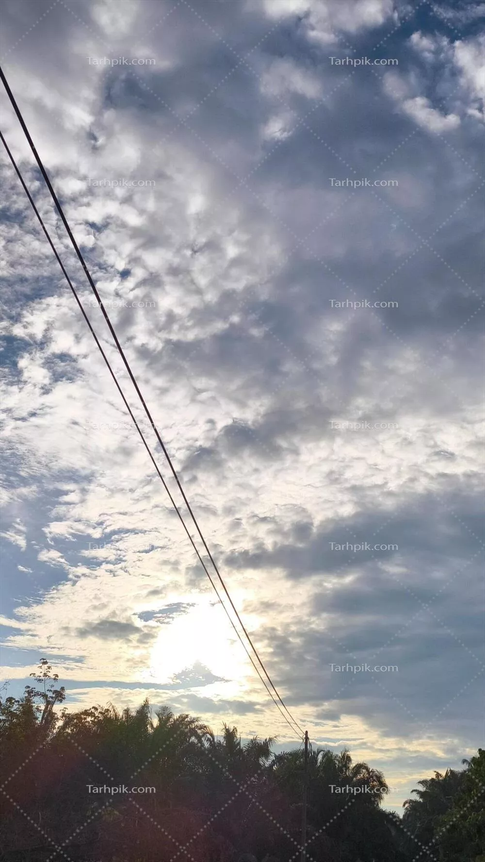 خورشید غروب با ابری در آسمان و خطوط برق در افق