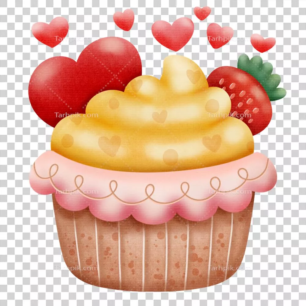اجرای هنری آبرنگ کCupcake شب والنتاین با توت فرنگی و پسزمینه جدا شده