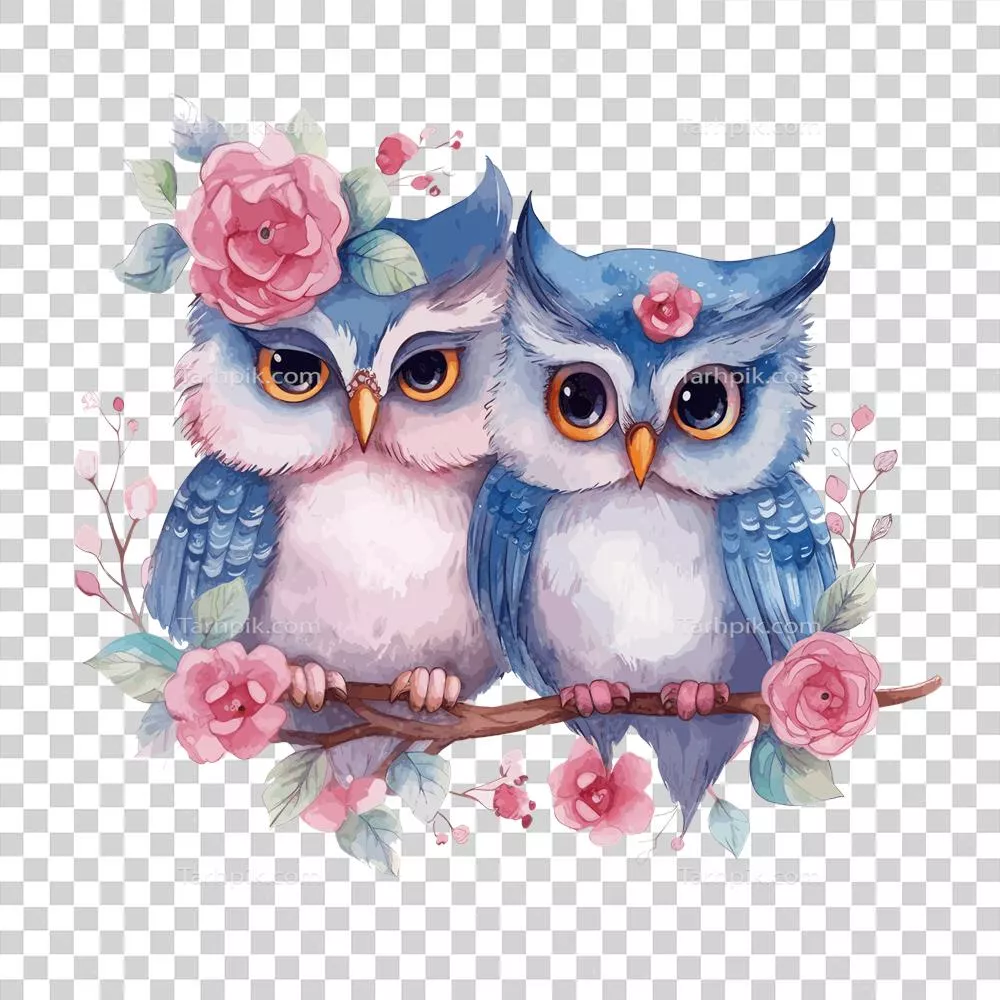 دو عاشق جغد با رنگ های آب رنگی آبی و صورتی برای روز ولنتاین - تولید شده با هوش مصنوعی