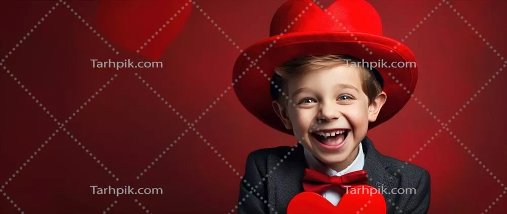 پسر کوچک شاد با قلبهای قرمز در روز ولنتاین - هنری و عاشقانه