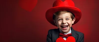 پسر کوچک شاد با قلبهای قرمز در روز ولنتاین - هنری و عاشقانه