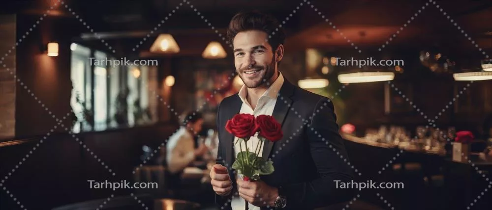 مرد خوش قیافه و با وقار دست‌ساز هوش مصنوعی در حال نگه‌داشتن گل‌های قرمز و لبخند زدن در رستوران، مفهوم ولنتاین