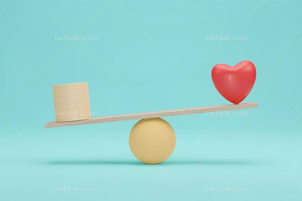 اهمیت تعادل عشق و ثروت: مقایسه سکه طلا و محبت بر روی ترازوی 3D
