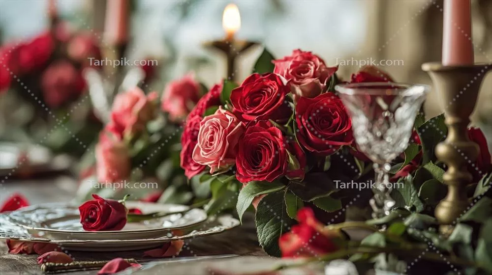 چیدمان میز ویژه روز ولنتاین با گل رز و تزئینات گلدار زیبا