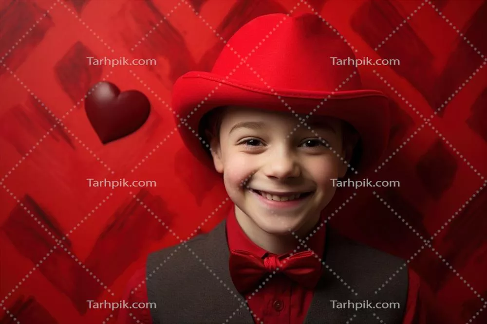 تصویر یک پسر بچه خوشحال با قلبهای قرمز در روز ولنتاین