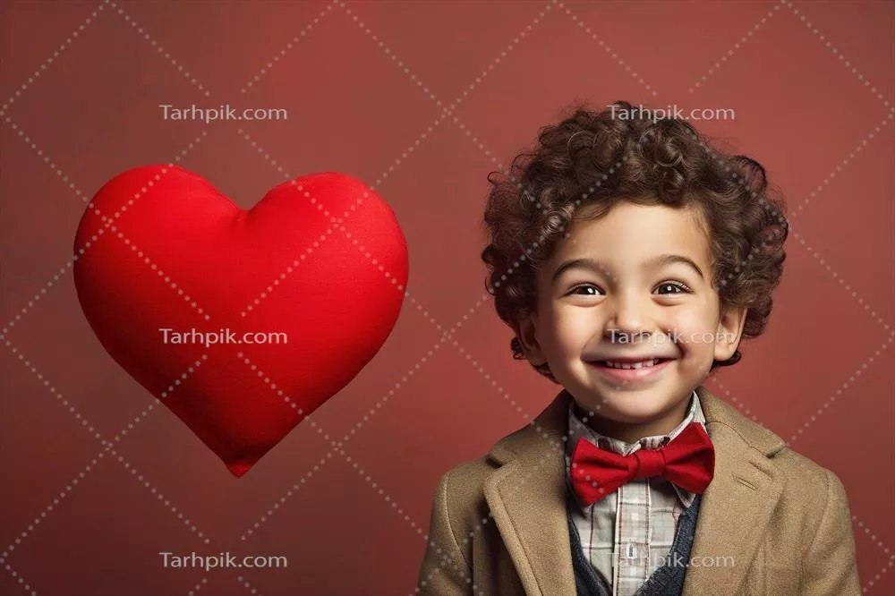پسر کوچک خوشحال با قلبهای قرمز در روز والنتاین - اثر هوش مصنوعی