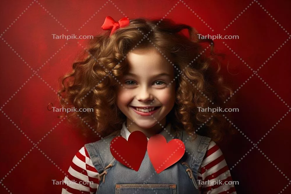 پرتره‌ای از دختر بچه‌ای زیبا با قلب قرمز به مناسبت روز ولنتاین