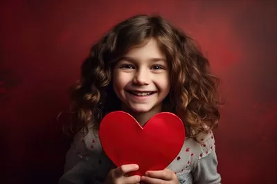 پرتره ای باهوش مصنوعی از دختر کوچک جذاب با قلب قرمز در مفهوم روز ولنتاین