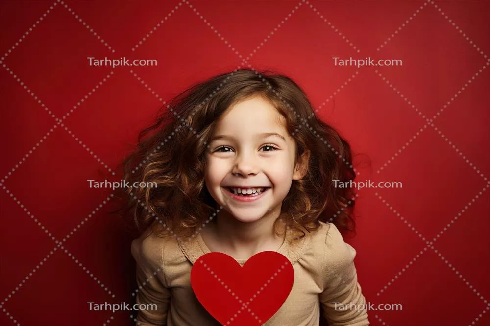 پرتره ای جذاب از یک دختر کوچک با قلب قرمز در مفهوم روز ولنتاین
