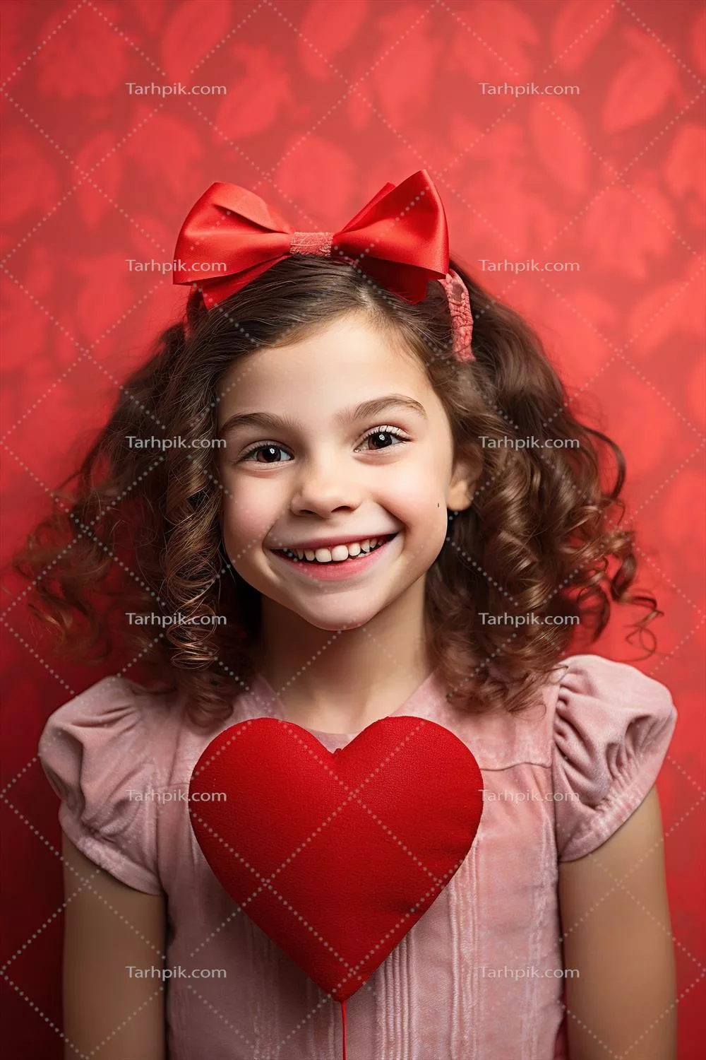 پرتره ای از یک دختر کوچک زیبا با قلب قرمز در روز ولنتاین
