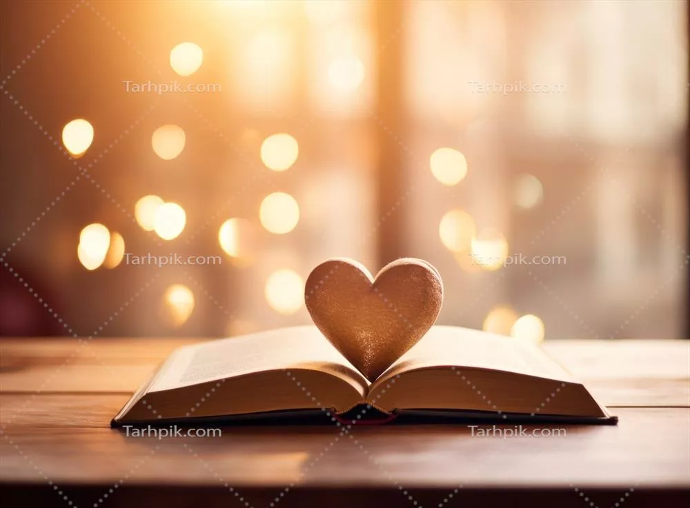 کتابی شادانه برای روز ولنتاین با طراحی قلبی زیبا روی میز چوبی
