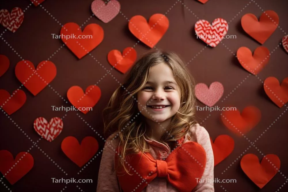 پرتره ای از یک دختر کوچک زیبا با قلب قرمز در روز ولنتاین