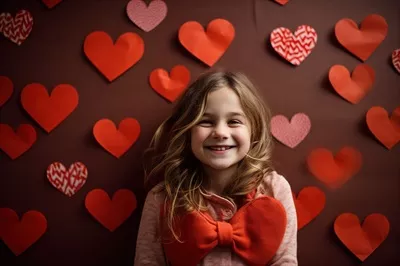 پرتره ای از یک دختر کوچک زیبا با قلب قرمز در روز ولنتاین