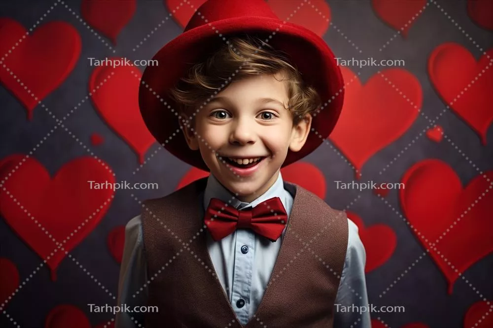 پسربچه شاد با قلبهای قرمز در روز ولنتاین: یک طراحی هوش مصنوعی زیبا