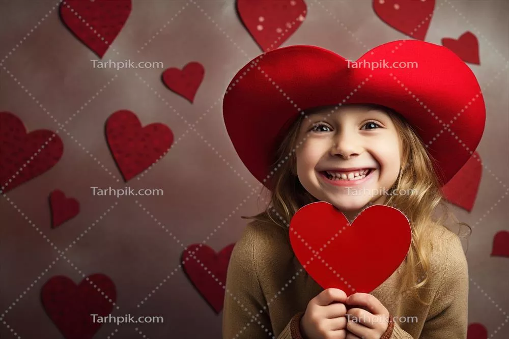 پرتره‌ ای هوش مصنوعی از یک دختر کوچک بانمک با قلب قرمز در روز ولنتاین